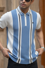 Men Casual Blue Striped Quarter-Zip Knit Polo T-Shirt - Modern Retro 261040722