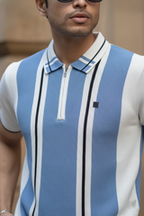 Men Casual Blue Striped Quarter-Zip Knit Polo T-Shirt - Modern Retro 261040722