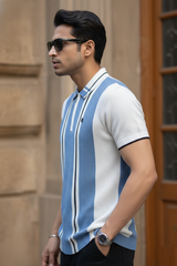 Men Casual Blue Striped Quarter-Zip Knit Polo T-Shirt - Modern Retro 261040722