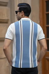 Men Casual Blue Striped Quarter-Zip Knit Polo T-Shirt - Modern Retro 261040722