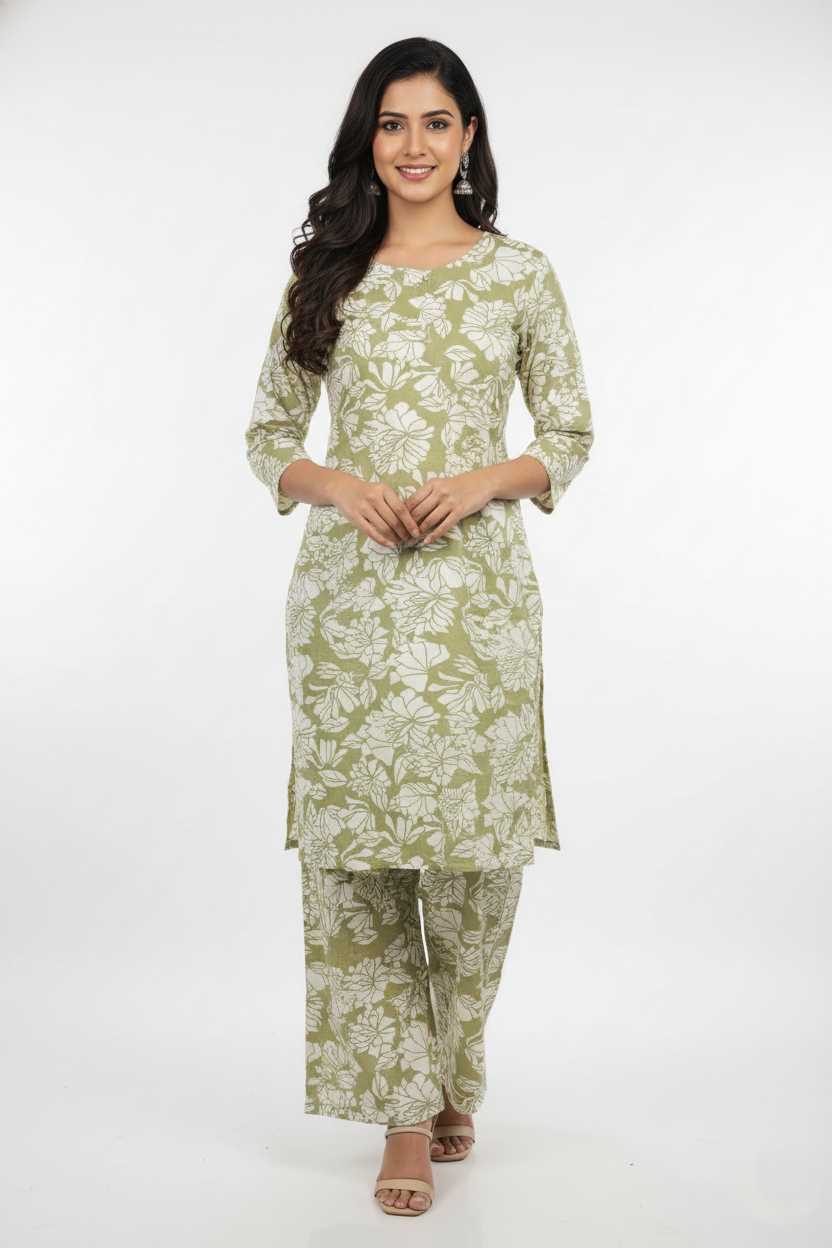 Pgreen Floral Block Print Coord Set for Ladies-CR-251227880