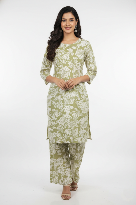 Pgreen Floral Block Print Coord Set for Ladies-CR-251227880