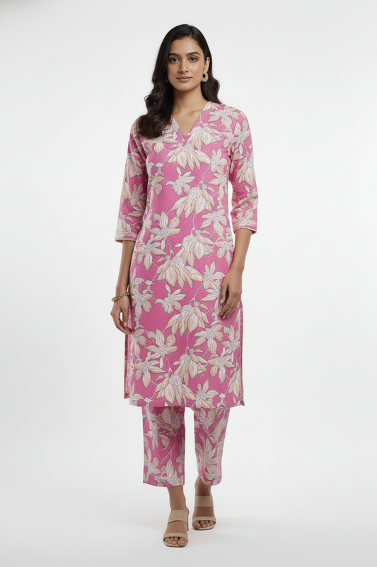 Pink Floral Print Cotton Coord Set with Wide-Plazo-CR-251227703