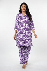 Lavender & White Abstract Print Cotton Coord Set for Women 251228643