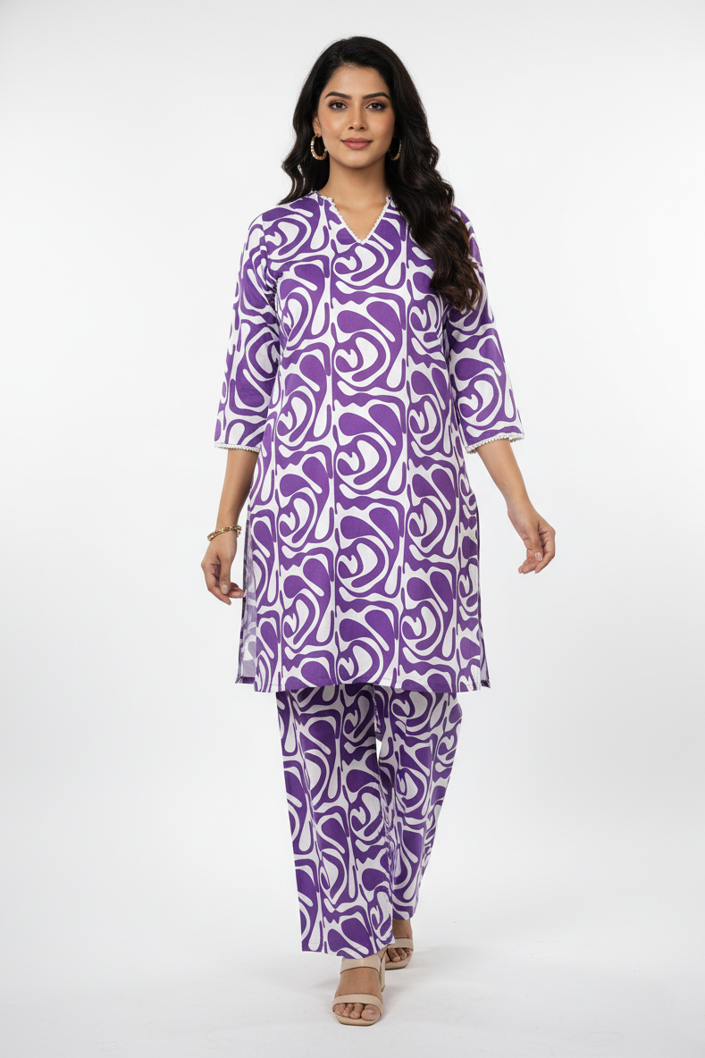 Lavender & White Abstract Print Cotton Coord Set for Women-251228651