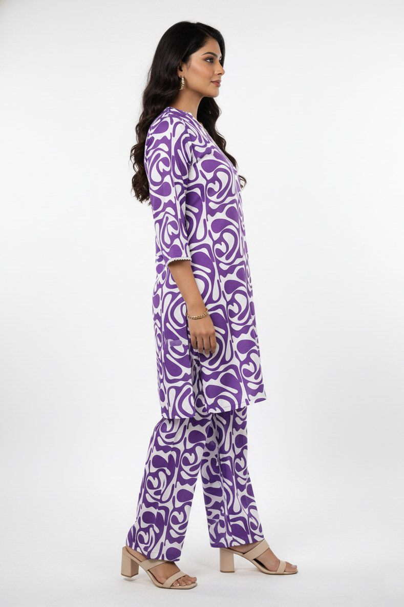 Lavender & White Abstract Print Cotton Coord Set for Women 251228643