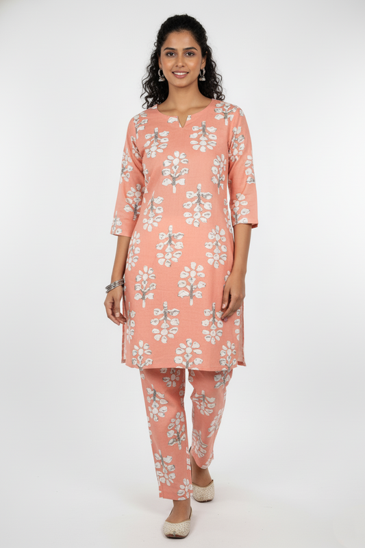 Peach Floral Block Print Coord Set for Ladies-CR-251227698