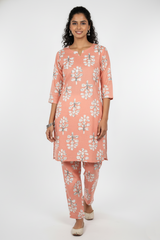 Peach Floral Block Print Coord Set for Ladies-CR-251227698