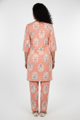 Peach Floral Block Print Coord Set for Ladies-CR-251227698