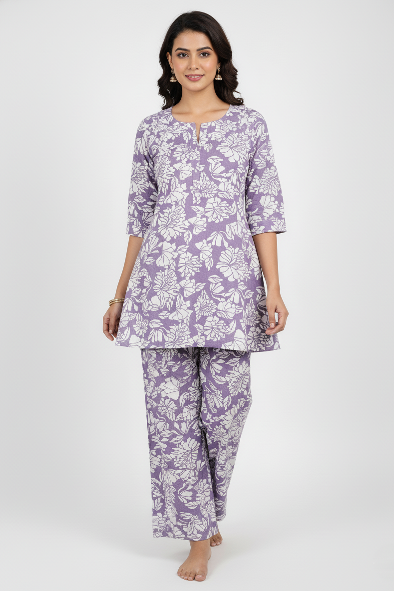 Lavender Floral Print Cotton Coord Set for Ladies-CR-251227889