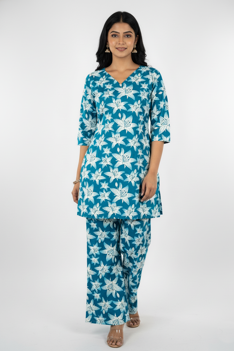 Ladies Pblue & white Floral Print Co-CRord Set-CR-251227900