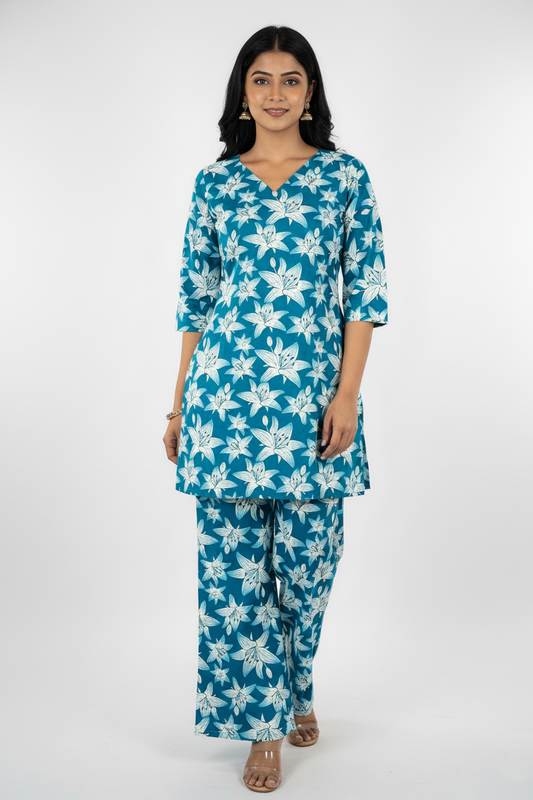 Ladies Pblue & white Floral Print Co-CRord Set-CR-251227900