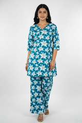 Ladies Pblue & white Floral Print Co-CRord Set-CR-251227900