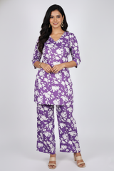 Elegant V-Neck Floral Cotton Coord Set - Lavender-251227908