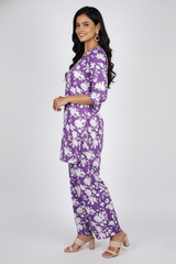 Elegant V-Neck Floral Cotton Coord Set - Lavender-251227908