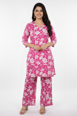 Pink Floral Print Cotton Coord Set with Wide-Plazo-251227917