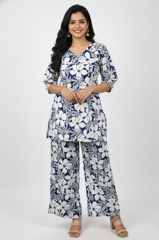 Ladies NBlue & White Floral Print Co-ord Set-CR-251227690