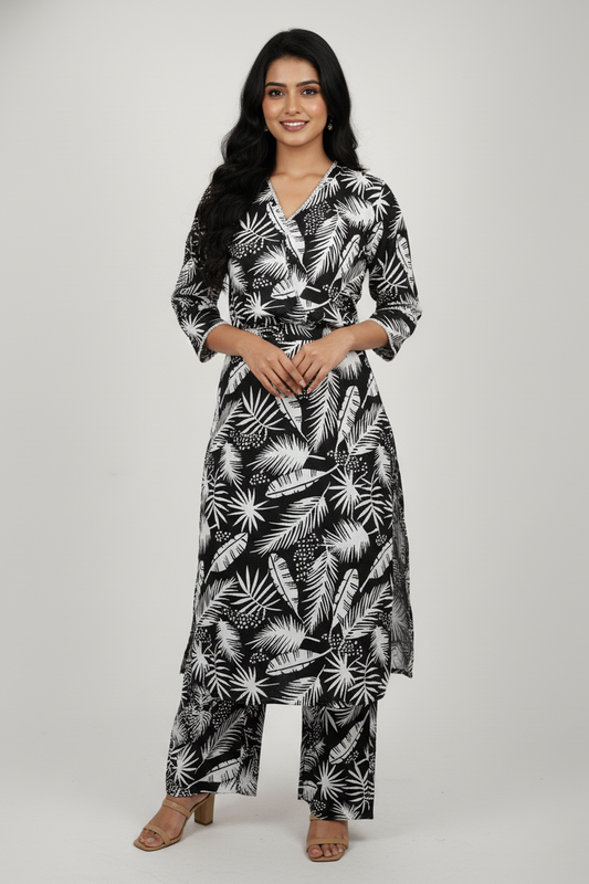 Women Black & White Tropical Print Kurta Set 251228638
