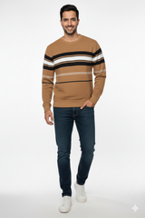 Men Brown Striped Crew Neck Knit T-Shirt | Textured 251200372