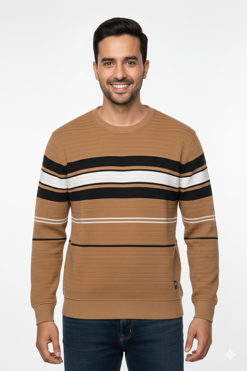 Men Brown Striped Crew Neck Knit T-Shirt | Textured 251200372