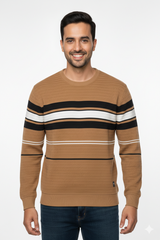 Men Brown Striped Crew Neck Knit T-Shirt | Textured 251200372