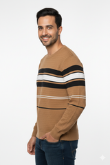 Men Brown Striped Crew Neck Knit T-Shirt | Textured 251200372