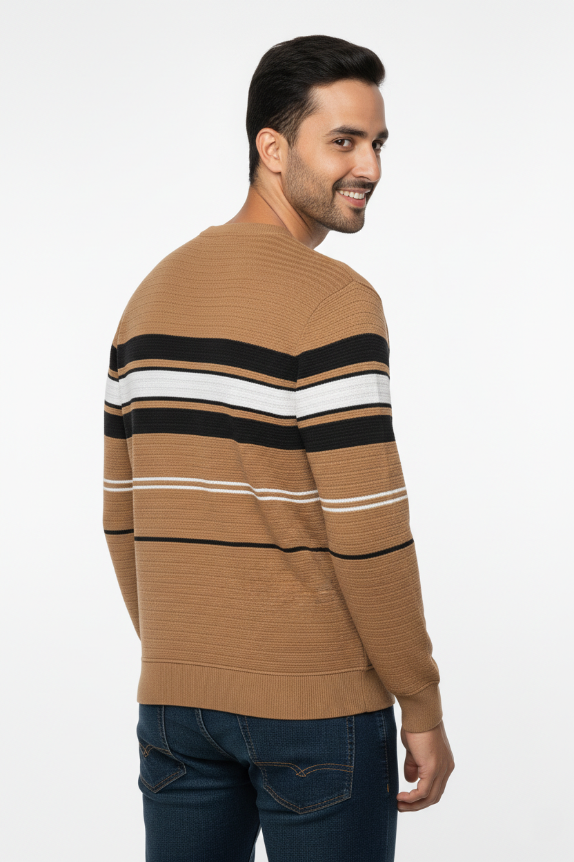 Men Brown Striped Crew Neck Knit T-Shirt | Textured 251200372