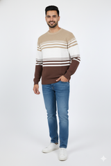 Men Brown-Beige Striped Crew Neck T-Shirt | Textured 251200372