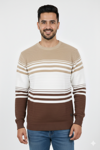 Men Brown-Beige Striped Crew Neck T-Shirt | Textured 251200372