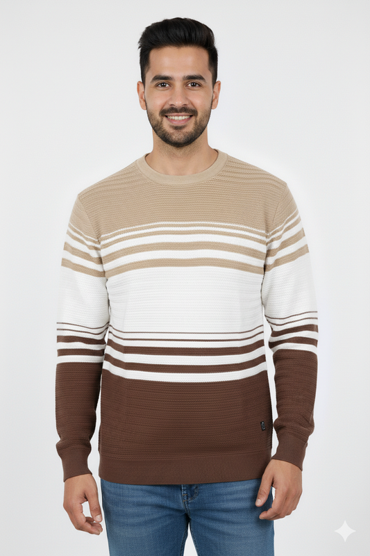 Men Brown-Beige Striped Crew Neck T-Shirt | Textured 251200372