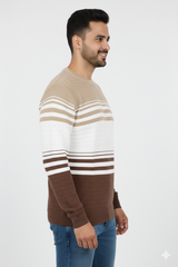 Men Brown-Beige Striped Crew Neck T-Shirt | Textured 251200372