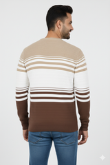 Men Brown-Beige Striped Crew Neck T-Shirt | Textured 251200372