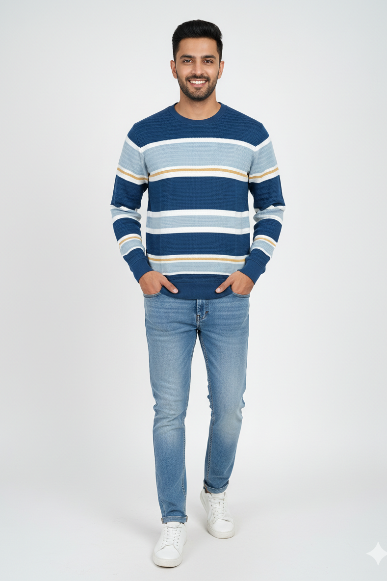 Men Blue-White Horizontal Striped T-Shirt | Textured 251200372