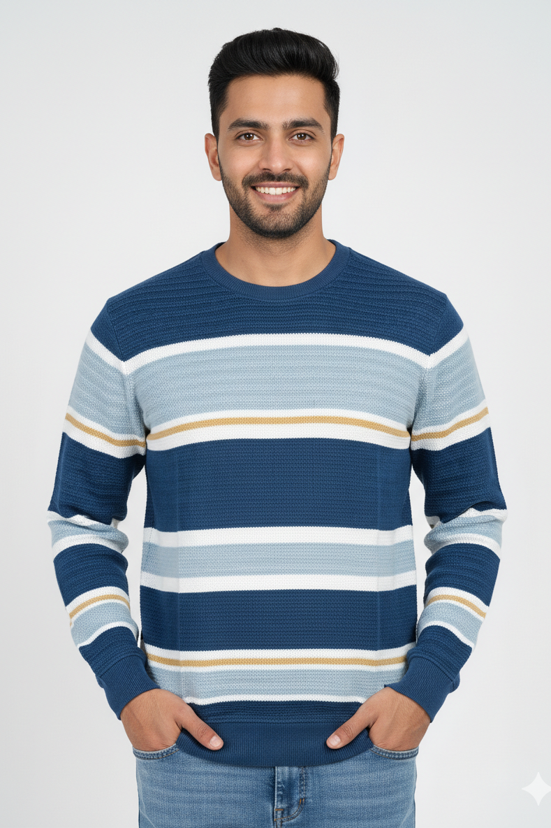 Men Blue-White Horizontal Striped T-Shirt | Textured 251200372