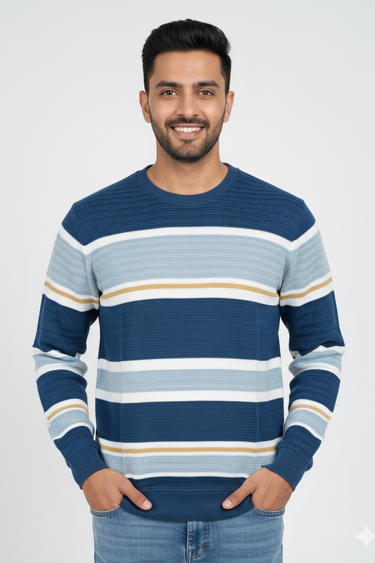 Men Blue-White Horizontal Striped T-Shirt | Textured 251200372