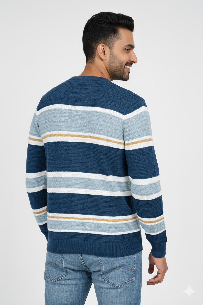 Men Blue-White Horizontal Striped T-Shirt | Textured 251200372