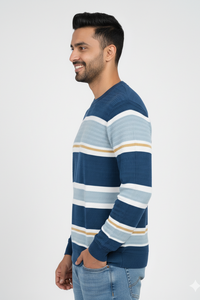 Men Blue-White Horizontal Striped T-Shirt | Textured 251200372