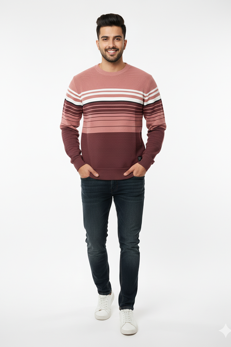 Men Onion-white Striped T-Shirt | crew Neck | Textured 251200372