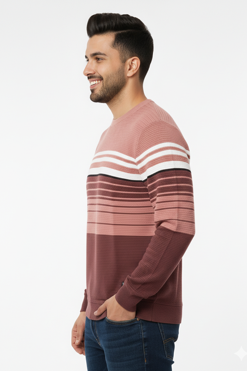 Men Onion-white Striped T-Shirt | crew Neck | Textured 251200372