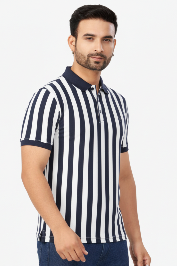 Men Peacock Blue-White Striped Polo T-Shirt | Casual Slim Fit 251181246