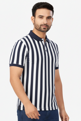 Men Peacock Blue-White Striped Polo T-Shirt | Casual Slim Fit 251181246