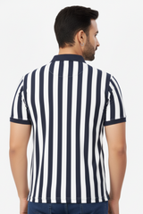 Men Peacock Blue-White Striped Polo T-Shirt | Casual Slim Fit 251181246
