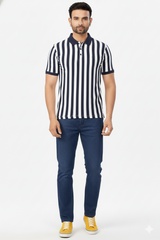 Men Peacock Blue-White Striped Polo T-Shirt | Casual Slim Fit 251181246