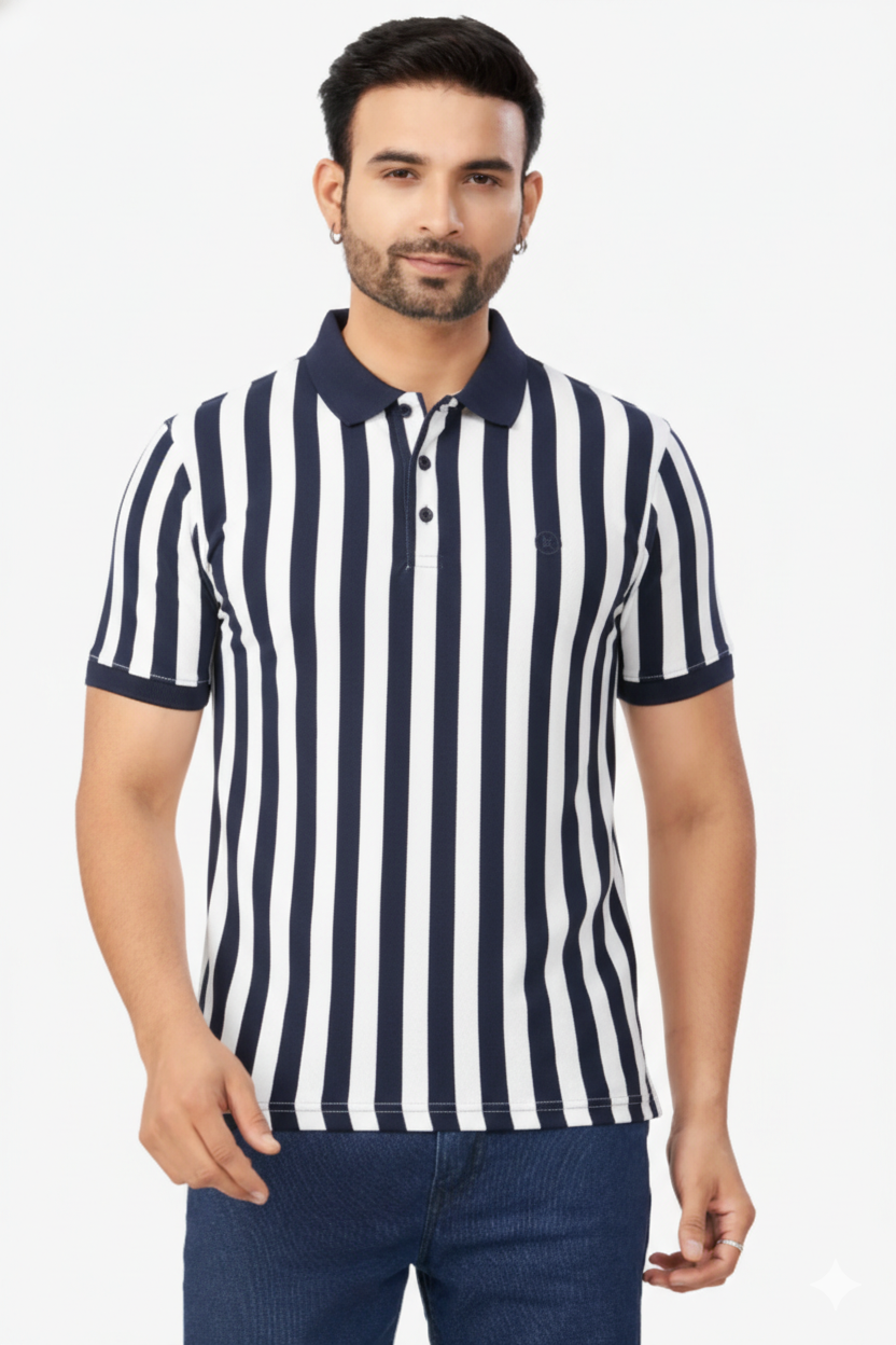 Men Peacock Blue-White Striped Polo T-Shirt | Casual Slim Fit 251181246
