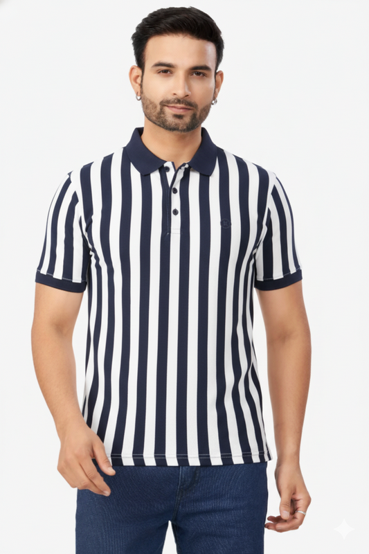 Men Peacock Blue-White Striped Polo T-Shirt | Casual Slim Fit 251181246