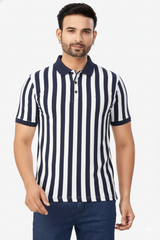 Men Peacock Blue-White Striped Polo T-Shirt | Casual Slim Fit 251181246