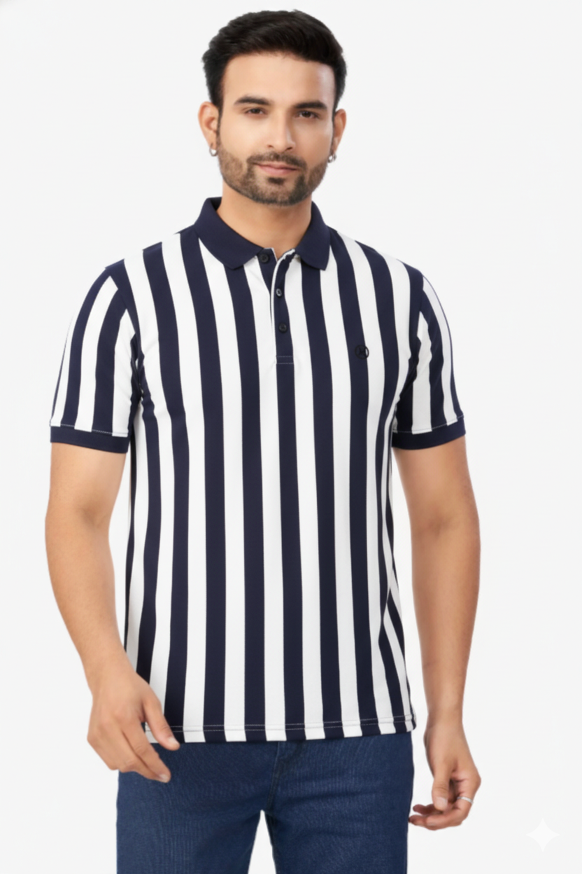 Men Navy Blue-White Vertical Polo T-Shirt | Casual Slim Fit 251181246