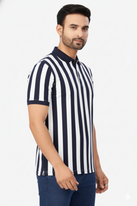 Men Navy Blue-White Vertical Polo T-Shirt | Casual Slim Fit 251181246