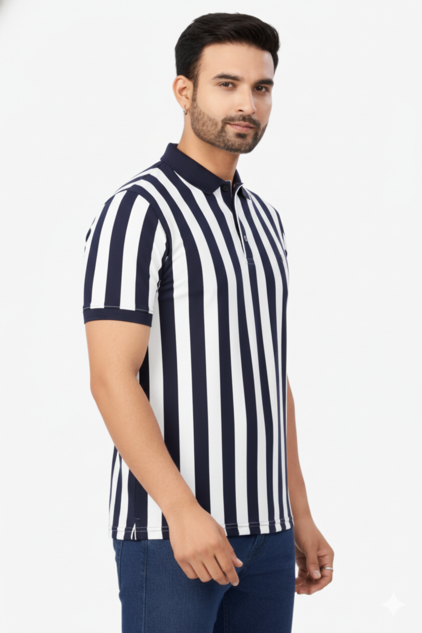 Men Navy Blue-White Vertical Polo T-Shirt | Casual Slim Fit 251181246