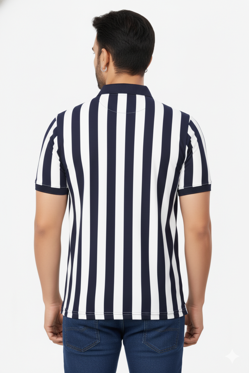 Men Navy Blue-White Vertical Polo T-Shirt | Casual Slim Fit 251181246